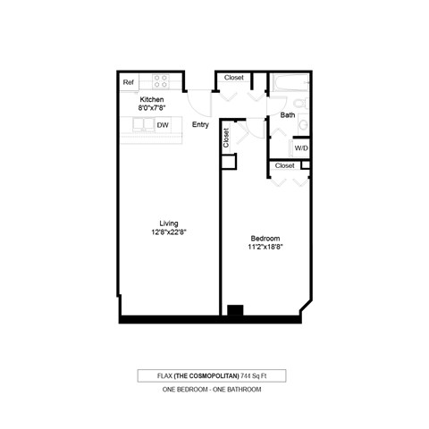 Floor plan for 1 bed, 1 bath, 744 sqft
